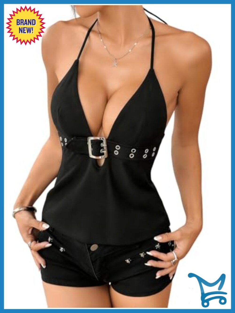 Verdusa Women's Halter Top Grommet Eyelet Belted Tie Backless Crop Club Top